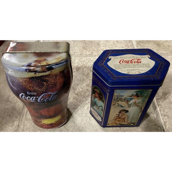 Coca Cola Empty Tins ~ The Drink Of All The Year & 1998 Coke Glass Shaped Tin - Picture 2 of 8